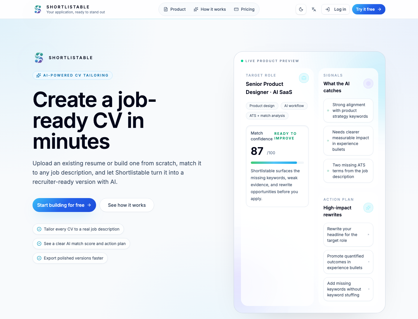 Shortlistable homepage showing the AI-powered CV tailoring workflow